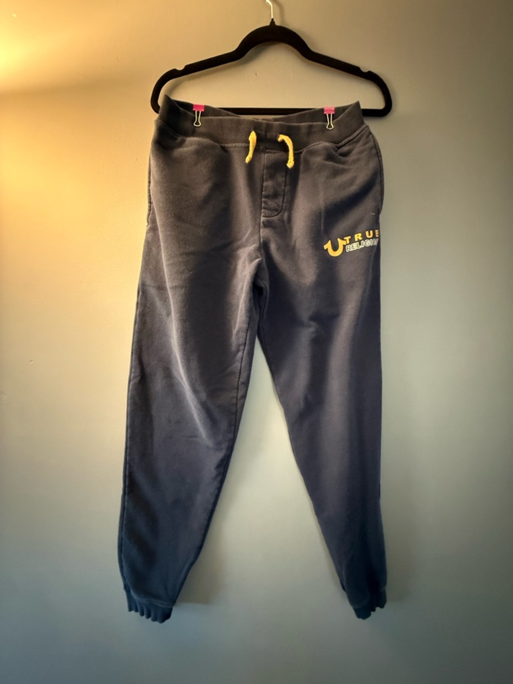 True Religion Navy Sweatpants with Yellow Drawstring